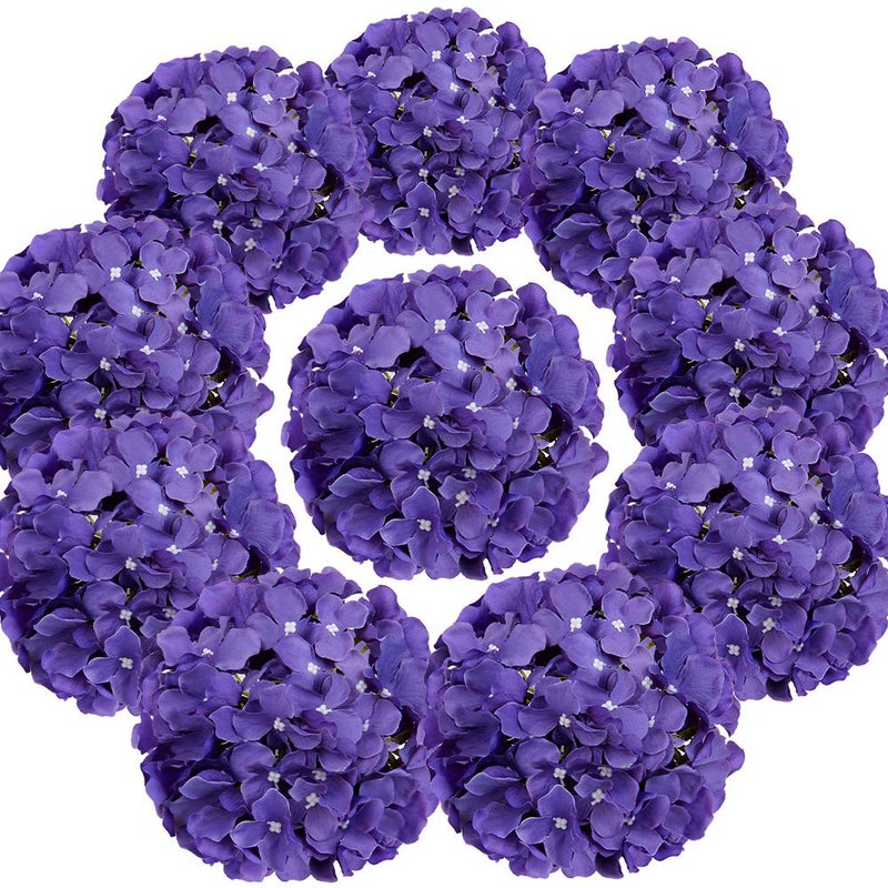 Flojery Silk Hydrangea Heads Artificial Flowers Heads with Stems for Home Wedding Decor,Pack of 10 (Purple) - Image 1